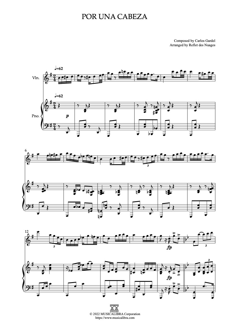Por una cabeza 編曲楽譜 - ヴァイオリン、ピアノデュエット