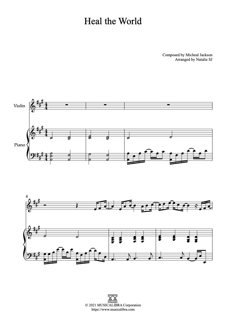 Duet Sheet Music] Heal The World - Violin And Piano Chamber Ensemble :  Musicalibra