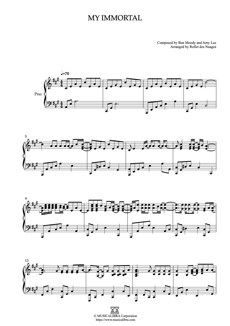 Partitura de Evanescence My Immortal arreglada para piano solo