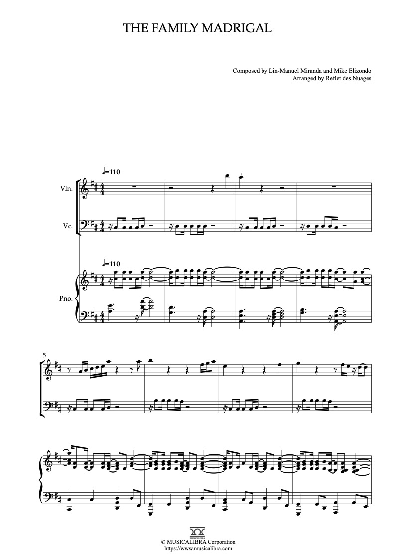 Sheet music of Encanto The Family Madrigal arranged for violin, cello and piano trio chamber ensemble preview page 1