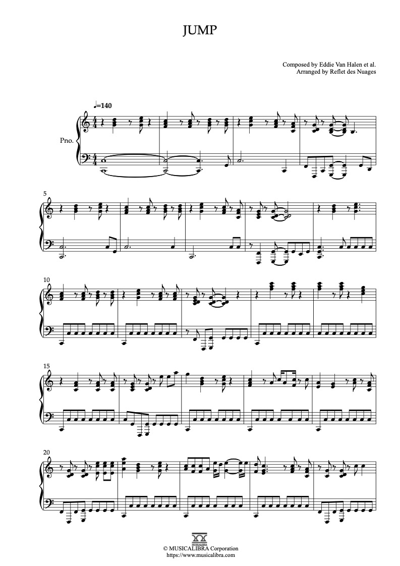 Partitura de Van Halen Jump arreglada para piano solo