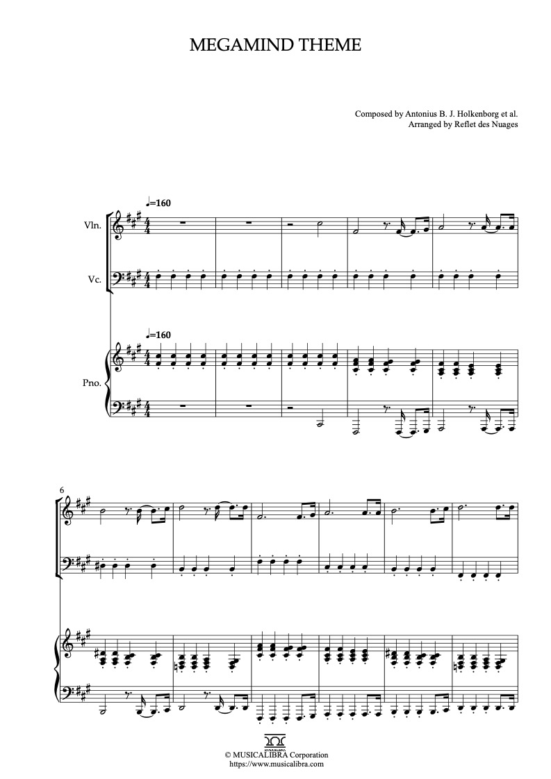 Megamind Theme 三重奏 乐谱 - 小提琴, 大提琴, 钢琴