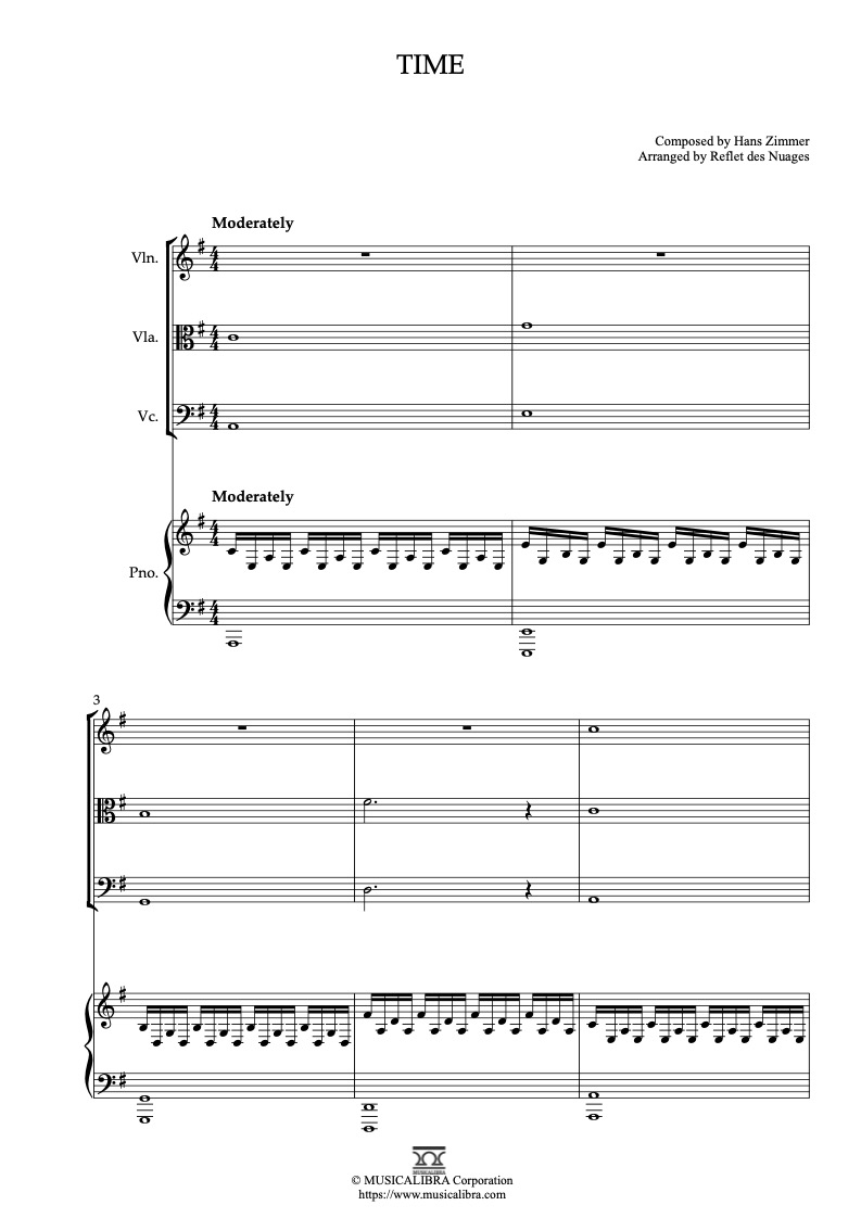 Inception Themes Time 編曲楽譜 - ヴァイオリン、ビオラ、チェロ、ピアノ 室内楽 アンサンブル