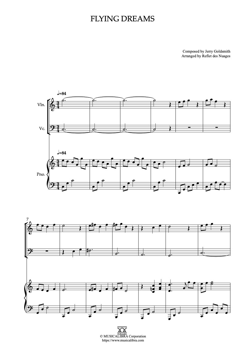 Sheet music of The Secret of NIMH Flying Dreams arranged for violin, cello and piano trio chamber ensemble preview page 1