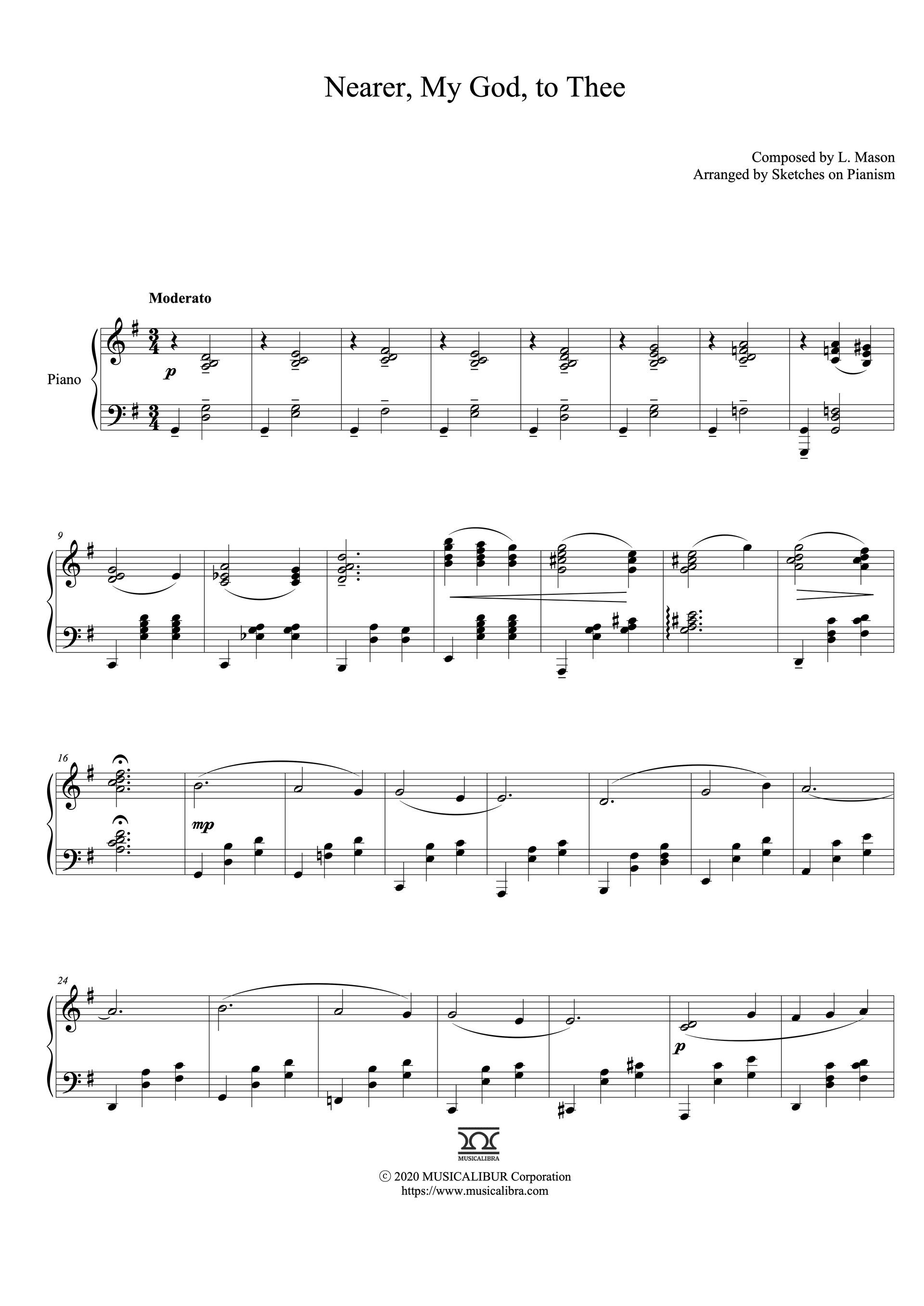 Sheet music of Nearer, My God, to Thee arranged for piano solo preview page 1