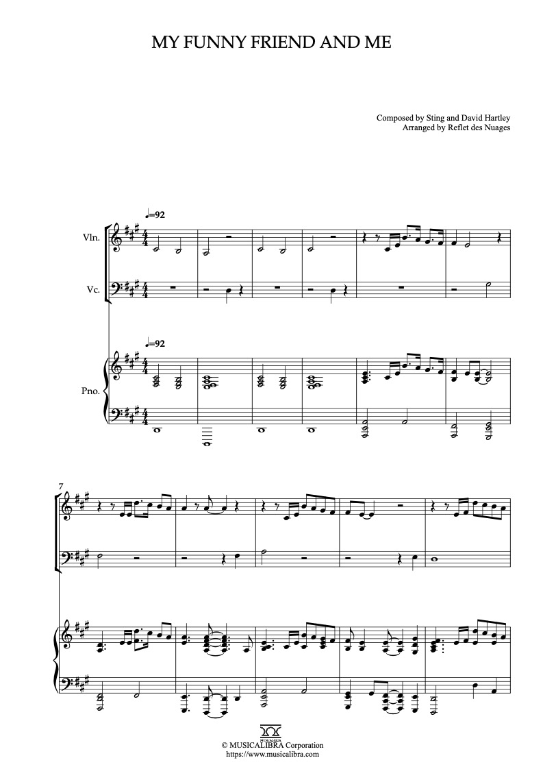 Sheet music of The Emperor's New Groove My Funny Friend and Me arranged for violin, cello and piano trio chamber ensemble preview page 1