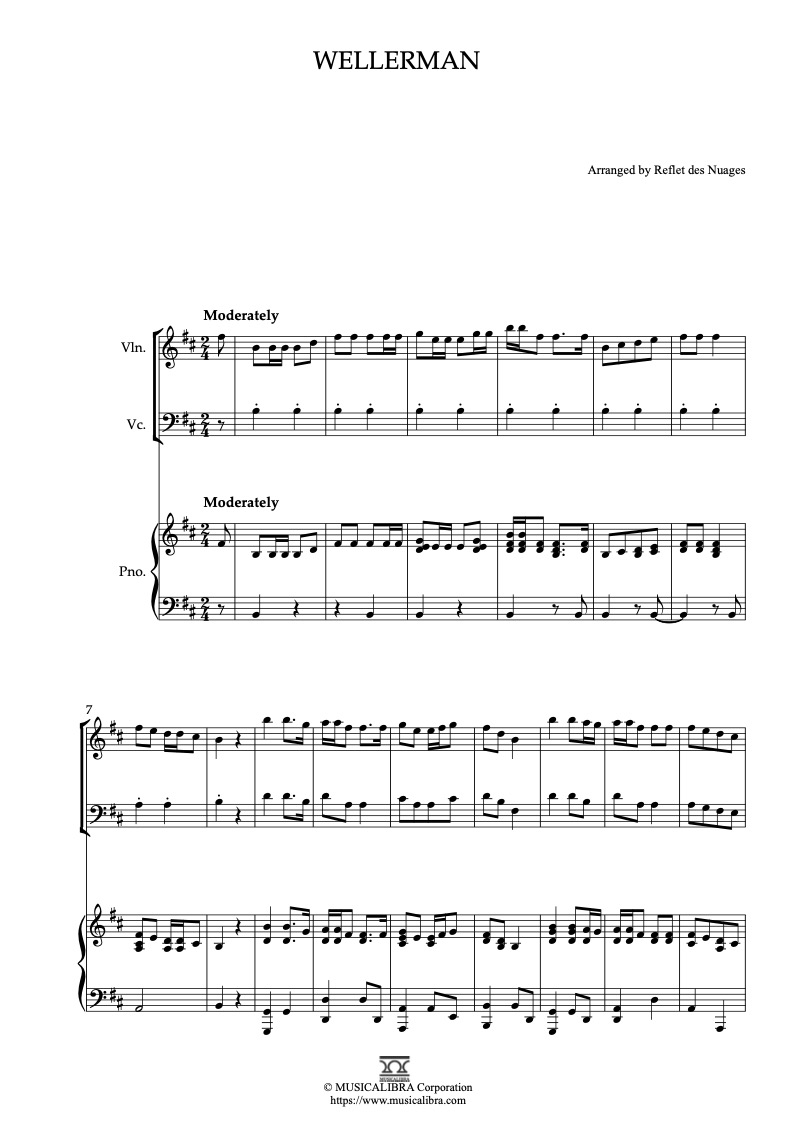 Partitura de Wellerman arreglada para trío de violín, violonchelo y piano