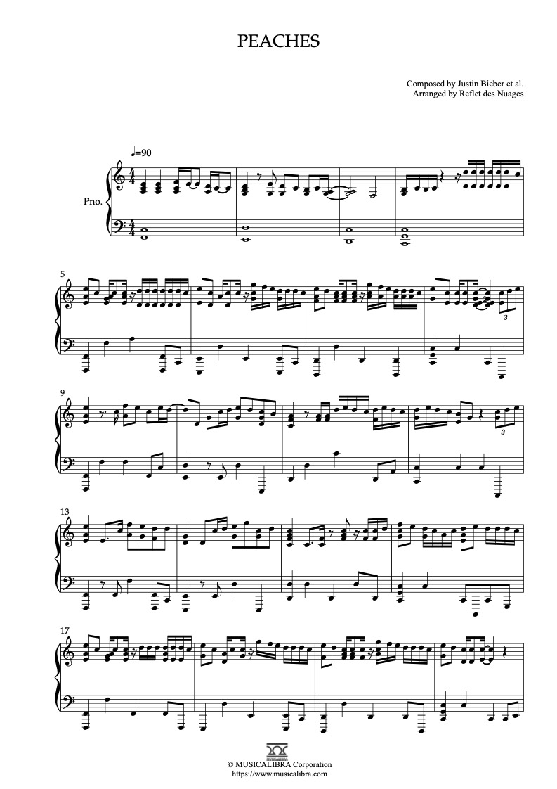 Partitura de Justin Bieber Peaches arreglada para piano solo