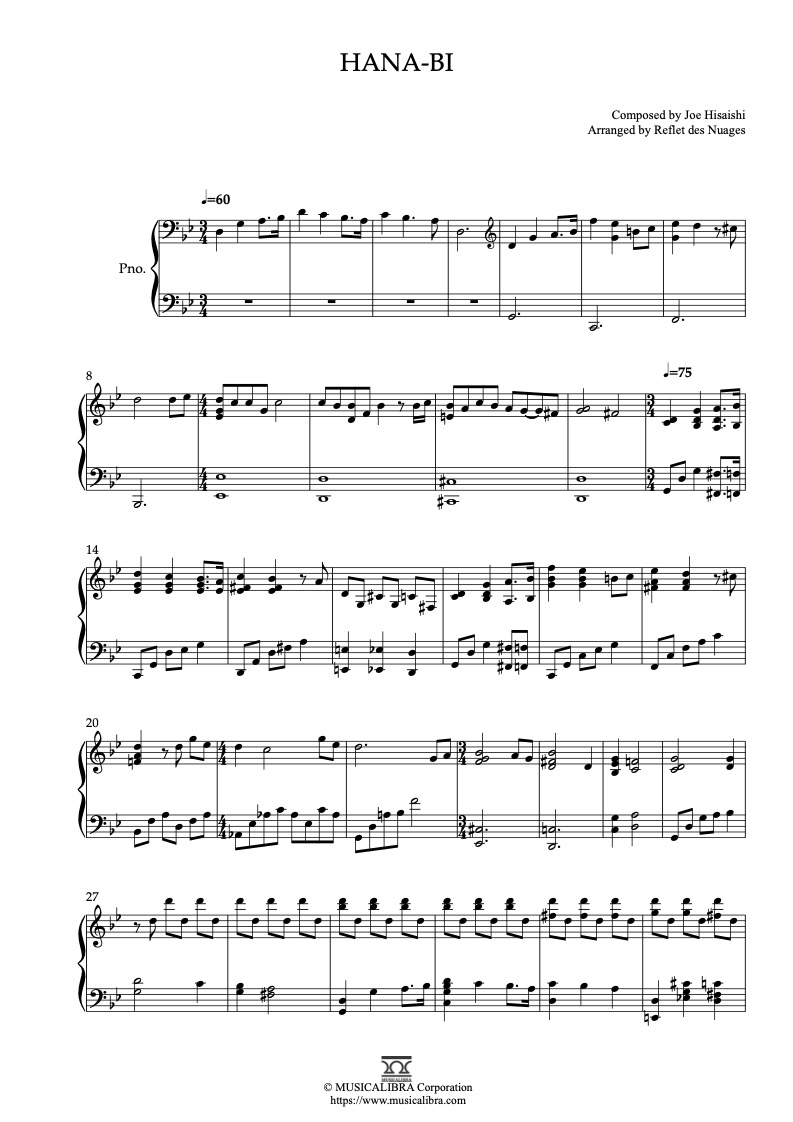 Partitura de Joe Hisaishi Hana-bi arreglada para piano solo