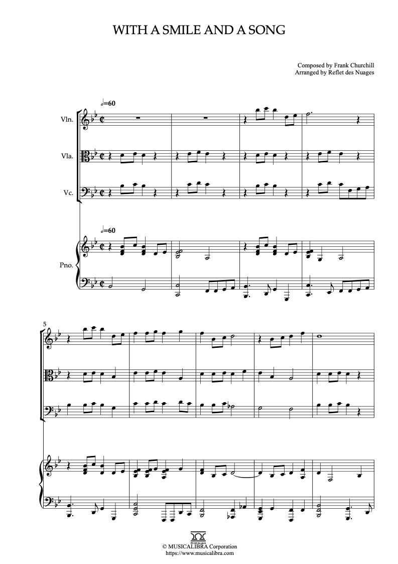 Partitura de Snow White and the Seven Dwarfs With a Smile and a Song arreglada para cuarteto de violín, viola, violonchelo y piano