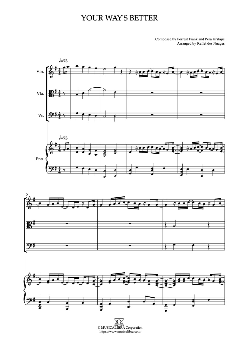 Partitura de YOUR WAY'S BETTER arreglada para cuarteto de violín, viola, violonchelo y piano