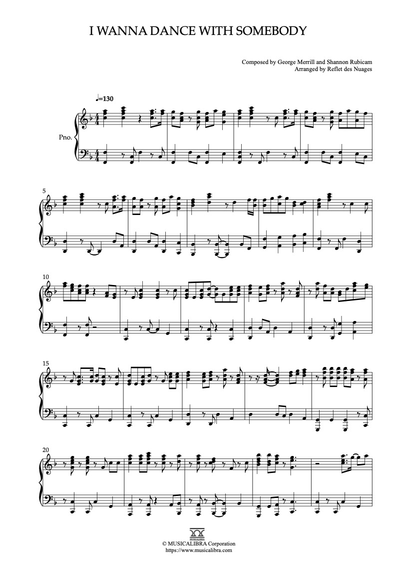 Whitney Houston I Wanna Dance With Somebody 피아노 솔로 편곡 악보