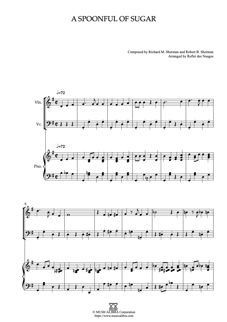 Sheet music of Mary Poppins A Spoonful of Sugar arranged for violin, cello and piano trio chamber ensemble preview page 1