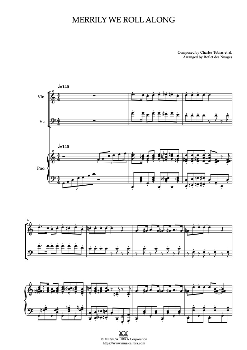 Partitura de Looney Tunes Merrily We Roll Along arreglada para trío de violín, violonchelo y piano