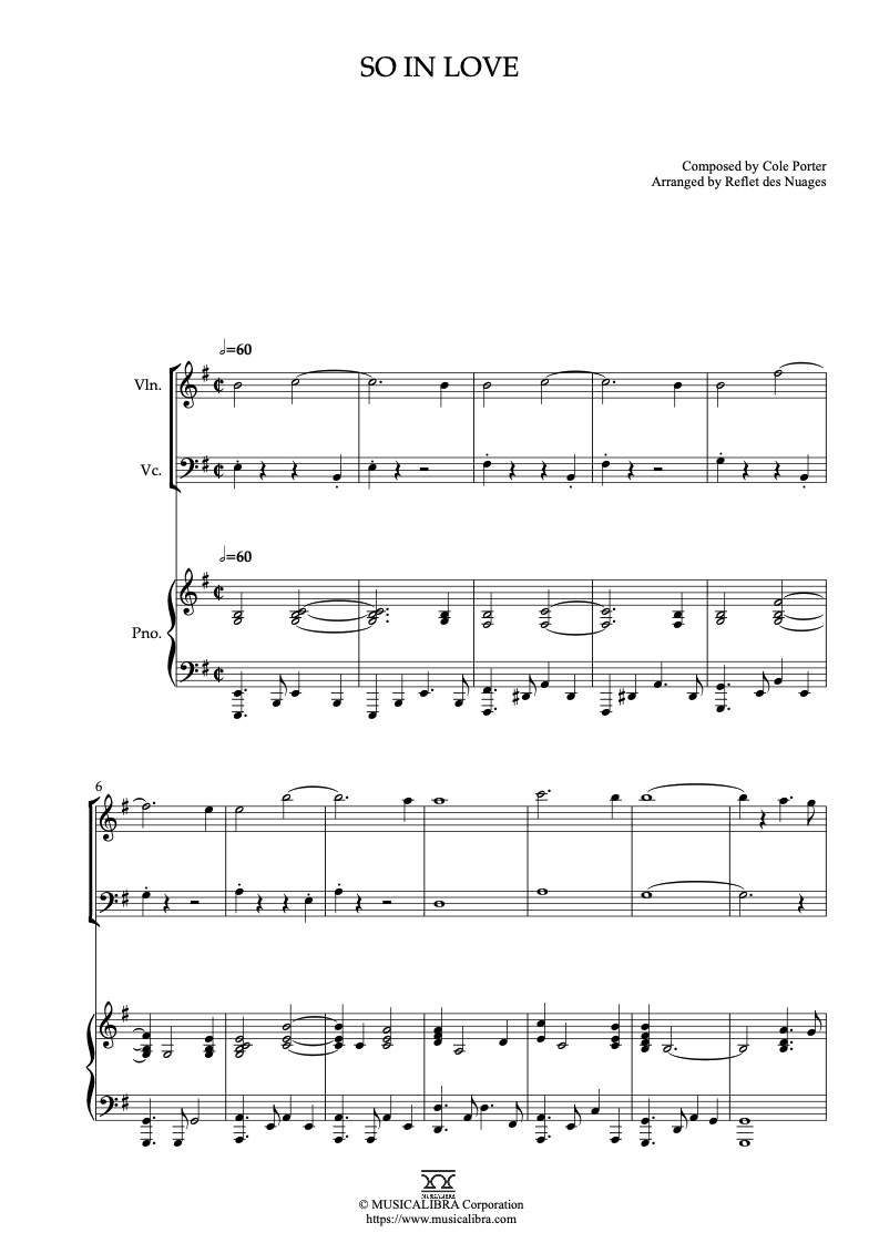 Sheet music of Cole Porter So in Love arranged for violin, cello and piano trio chamber ensemble preview page 1