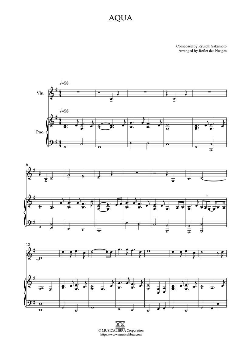 Sheet music of Ryuichi Sakamoto Aqua arranged for violin and piano duet chamber ensemble preview page 1