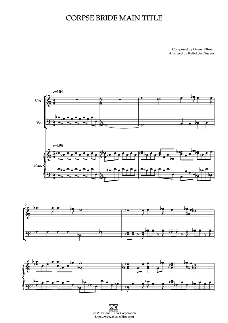 Partitura de Corpse Bride Main Title arreglada para trío de violín, violonchelo y piano