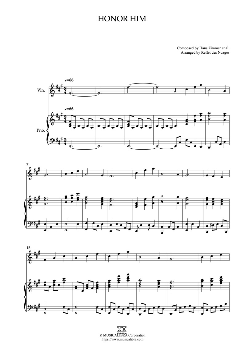 Sheet music of Gladiator Honor Him arranged for violin and piano duet chamber ensemble preview page 1