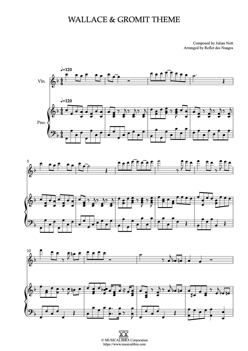 Partitura de Wallace & Gromit Theme arreglada para dueto de violín y piano