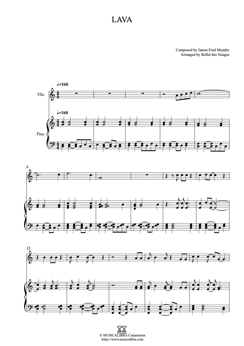 Partitura de Lava arreglada para dueto de violín y piano