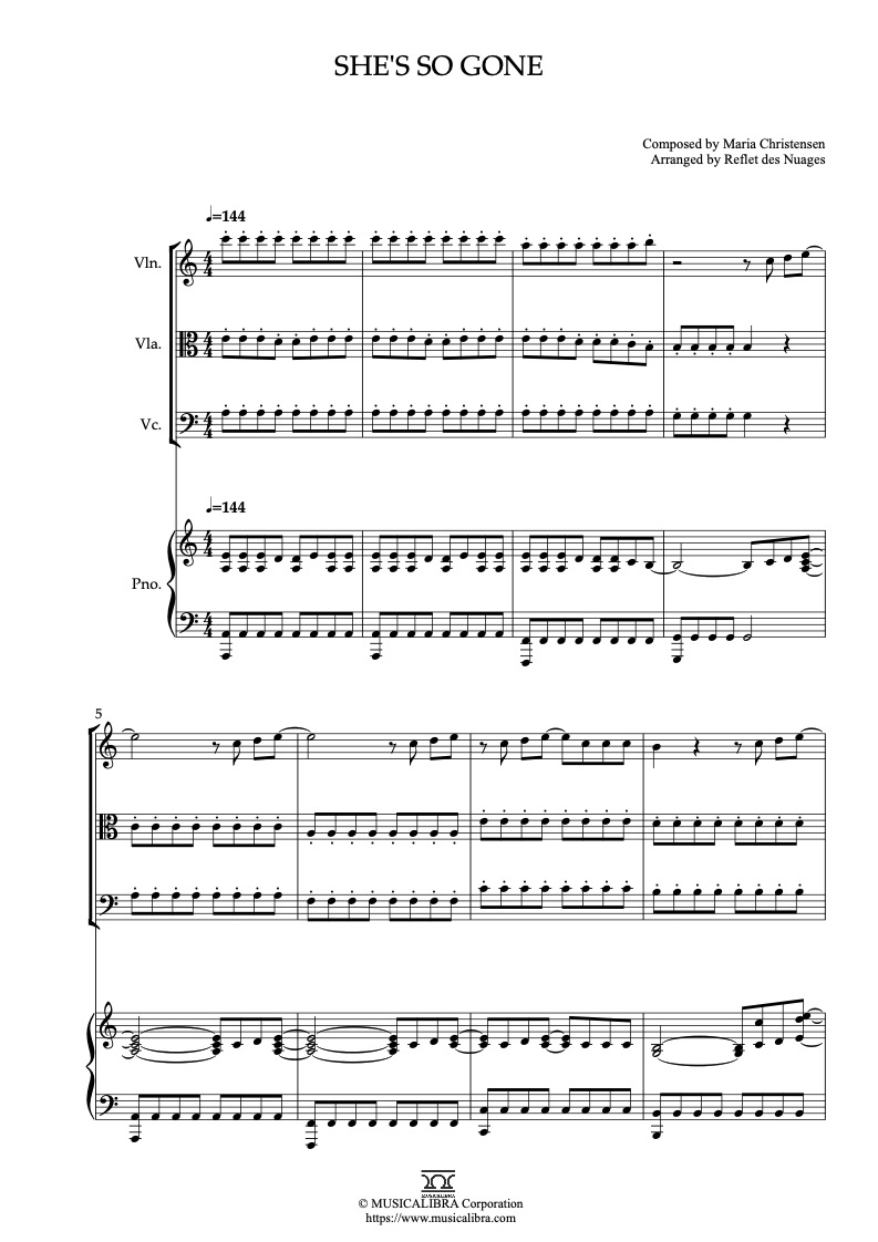 Sheet music of Lemonade Mouth She's So Gone arranged for violin, viola, cello and piano quartet chamber ensemble preview page 1