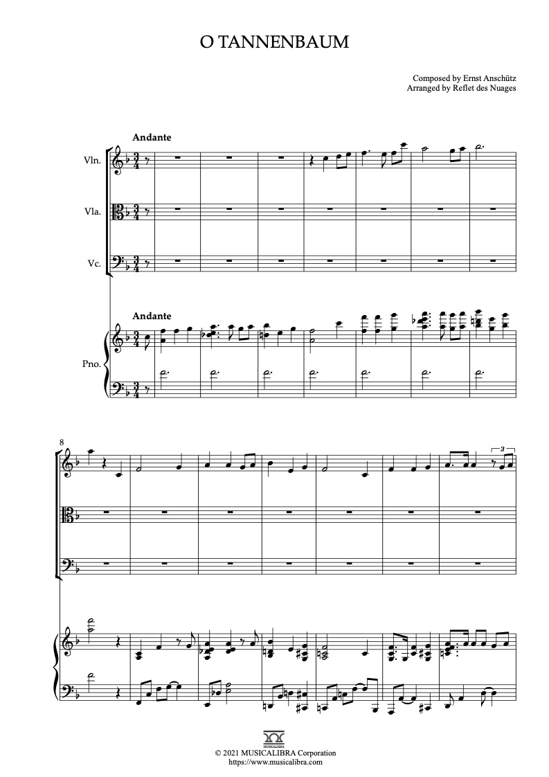 Partitura de O Tannenbaum arreglada para cuarteto de violín, viola, violonchelo y piano