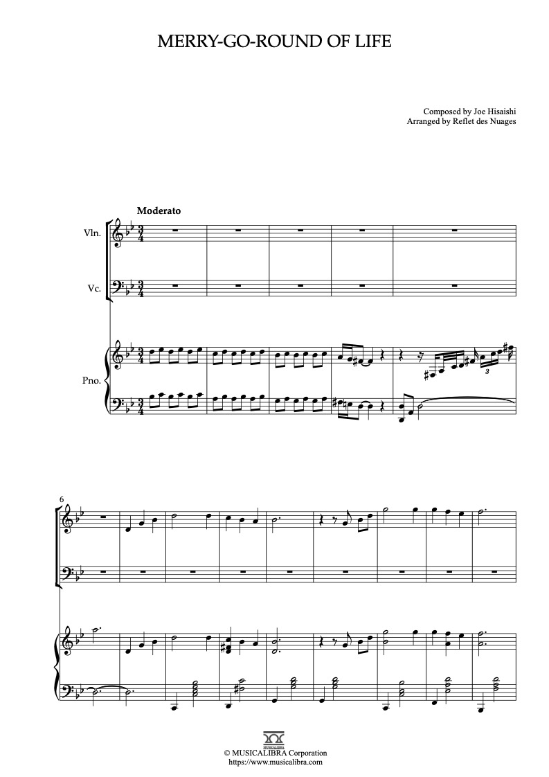 Partitura de Merry-Go-Round of Life(Howl's Moving Castle) arreglada para trío de violín, violonchelo y piano