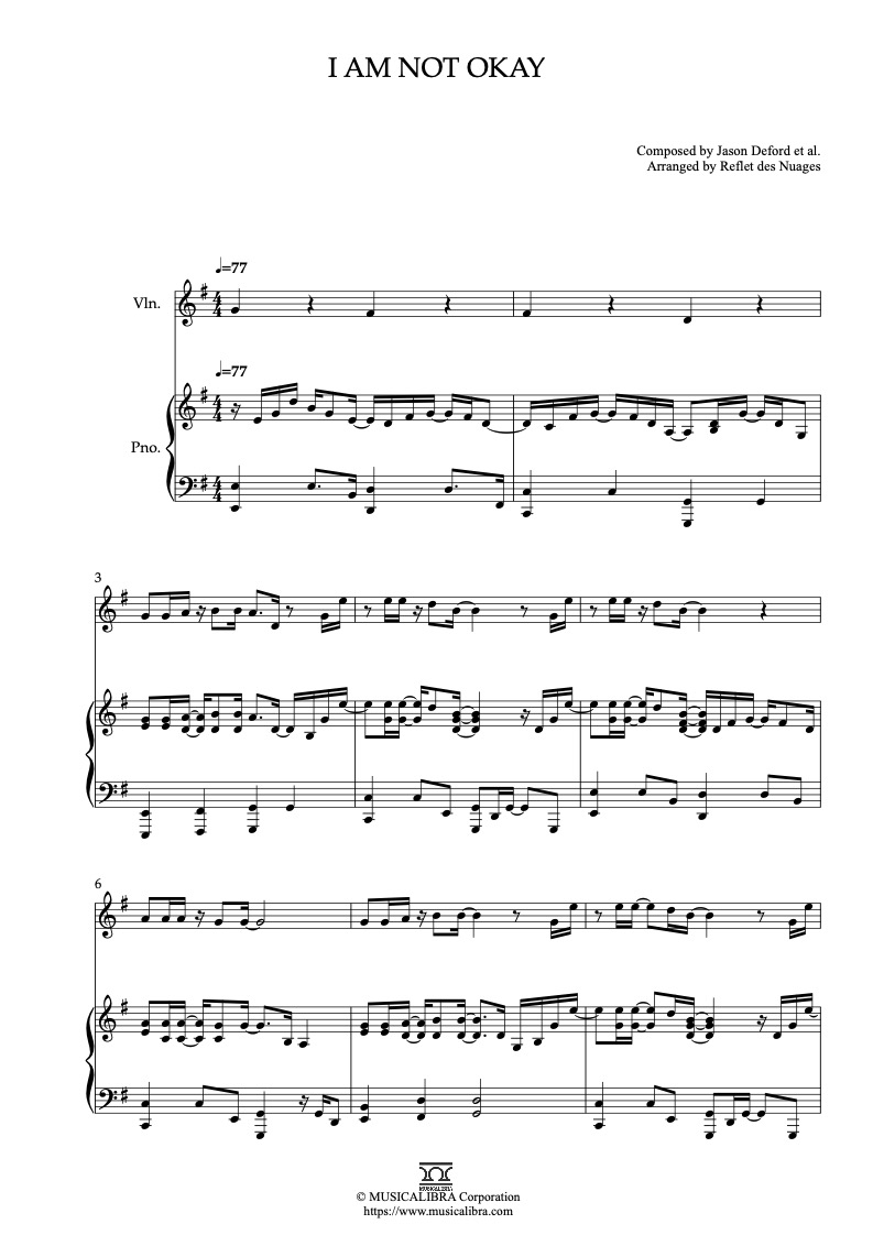Sheet music of Jelly Roll I Am Not Okay arranged for violin and piano duet preview page 1