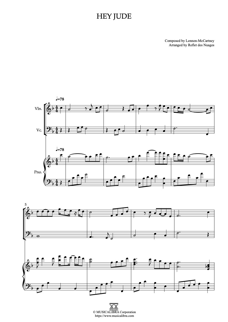 Sheet music of The Beatles Hey Jude arranged for violin, cello and piano trio chamber ensemble preview page 1