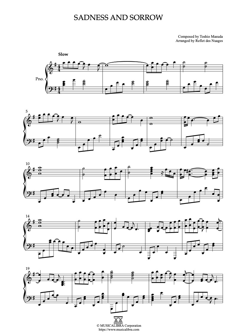 Sheet music of Sadness and Sorrow arranged for piano solo preview page 1