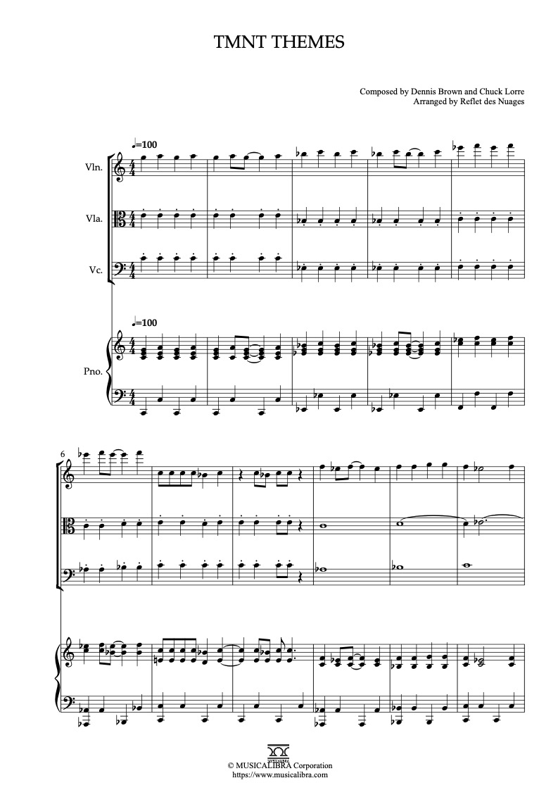 TMNT Themes 四重奏 乐谱 - 小提琴, 中提琴, 大提琴, 钢琴
