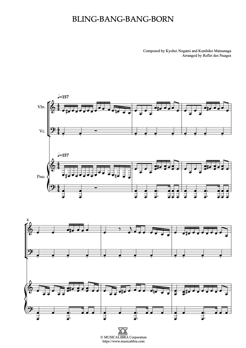 Partitura de Mashle: Magic and Muscles Bling-Bang-Bang-Born arreglada para trío de violín, violonchelo y piano