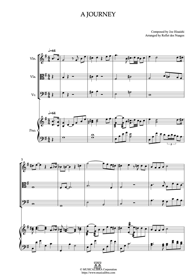 Partitura de The Wind Rises A Journey arreglada para cuarteto de violín, viola, violonchelo y piano