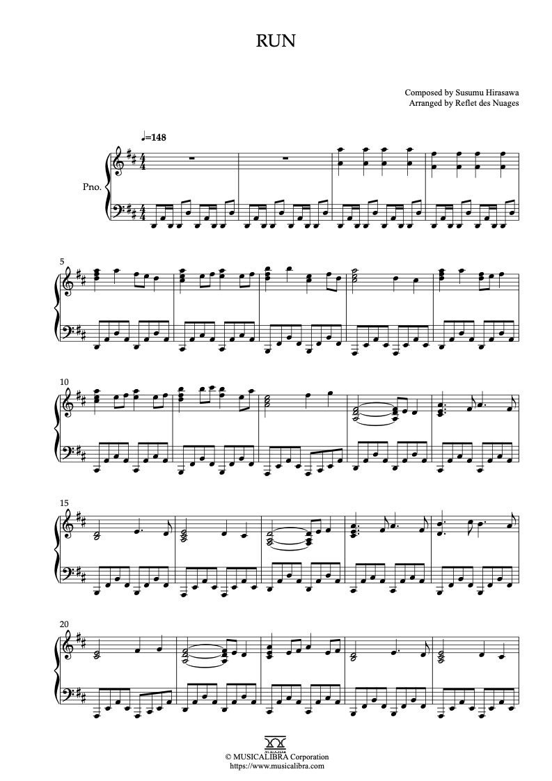 Sheet music of Millennium Actress Run arranged for piano solo preview page 1