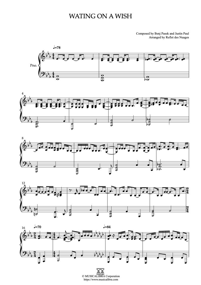 Partitura de Snow White Waiting on a Wish arreglada para piano solo
