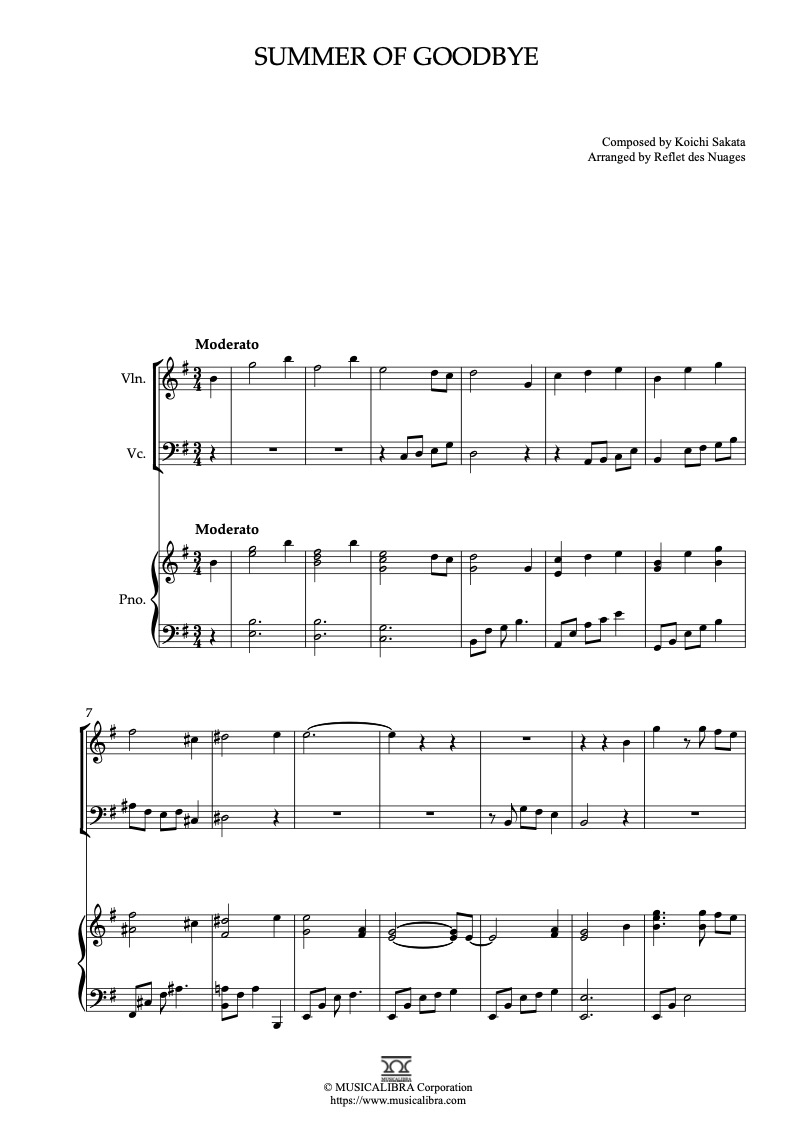 Sheet music of From up on Poppy Hill Summer of Goodbye arranged for violin, cello and piano trio chamber ensemble preview page 1