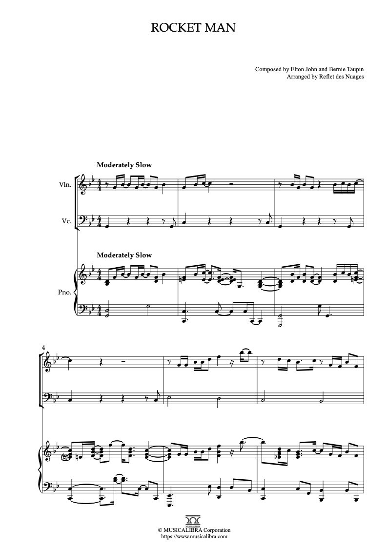 Partitura de Rocket Man arreglada para trío de violín, violonchelo y piano