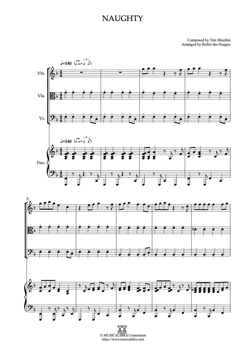 Partitura de Matilda Theme Naughty arreglada para cuarteto de violín, viola, violonchelo y piano