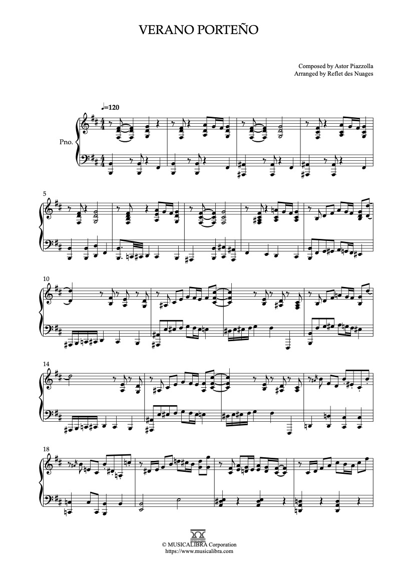 Partitura de Astor Piazzolla Verano Porteño arreglada para piano solo