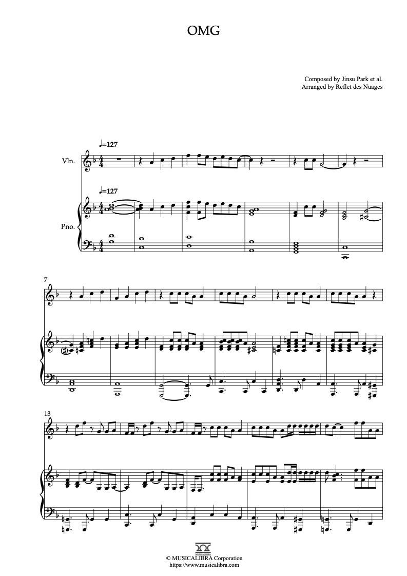 Sheet music of NewJeans OMG arranged for violin and piano duet chamber ensemble preview page 1