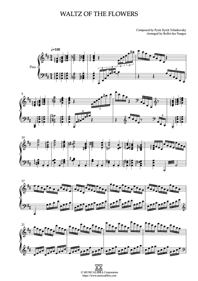 Partitura de Tchaikovsky Waltz of the Flowers arreglada para piano solo