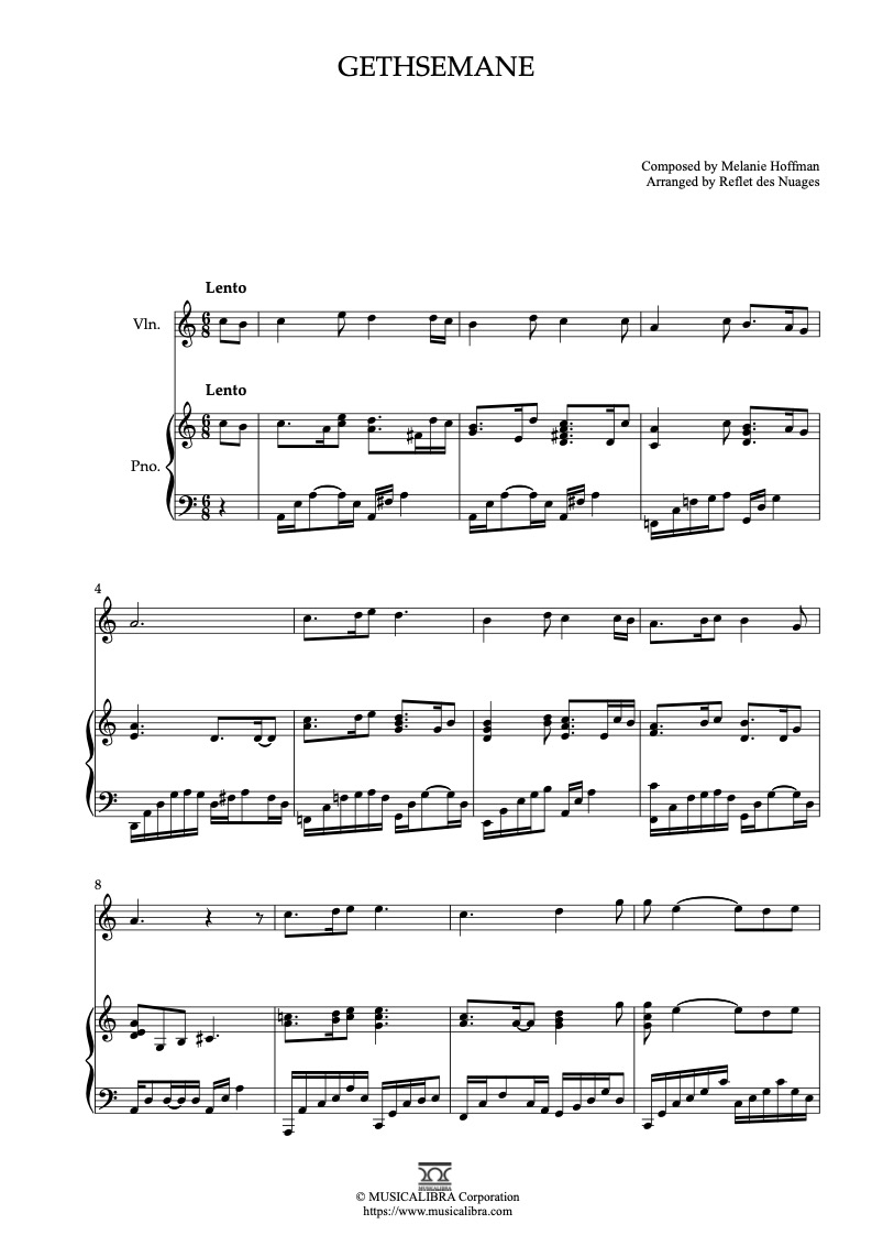 Sheet music of Gethsemane arranged for violin and piano duet chamber ensemble preview page 1