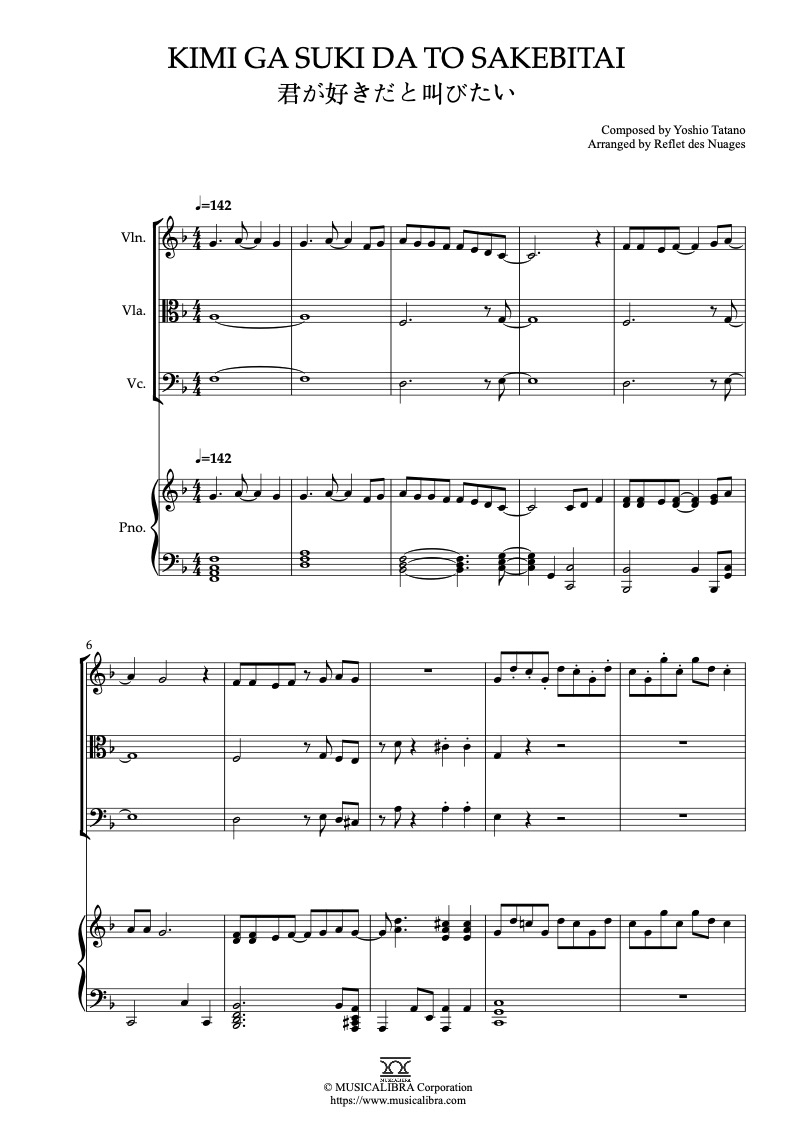 Partitura de Slam Dunk Kimi Ga Suki Da To Sakebitai arreglada para cuarteto de violín, viola, violonchelo y piano