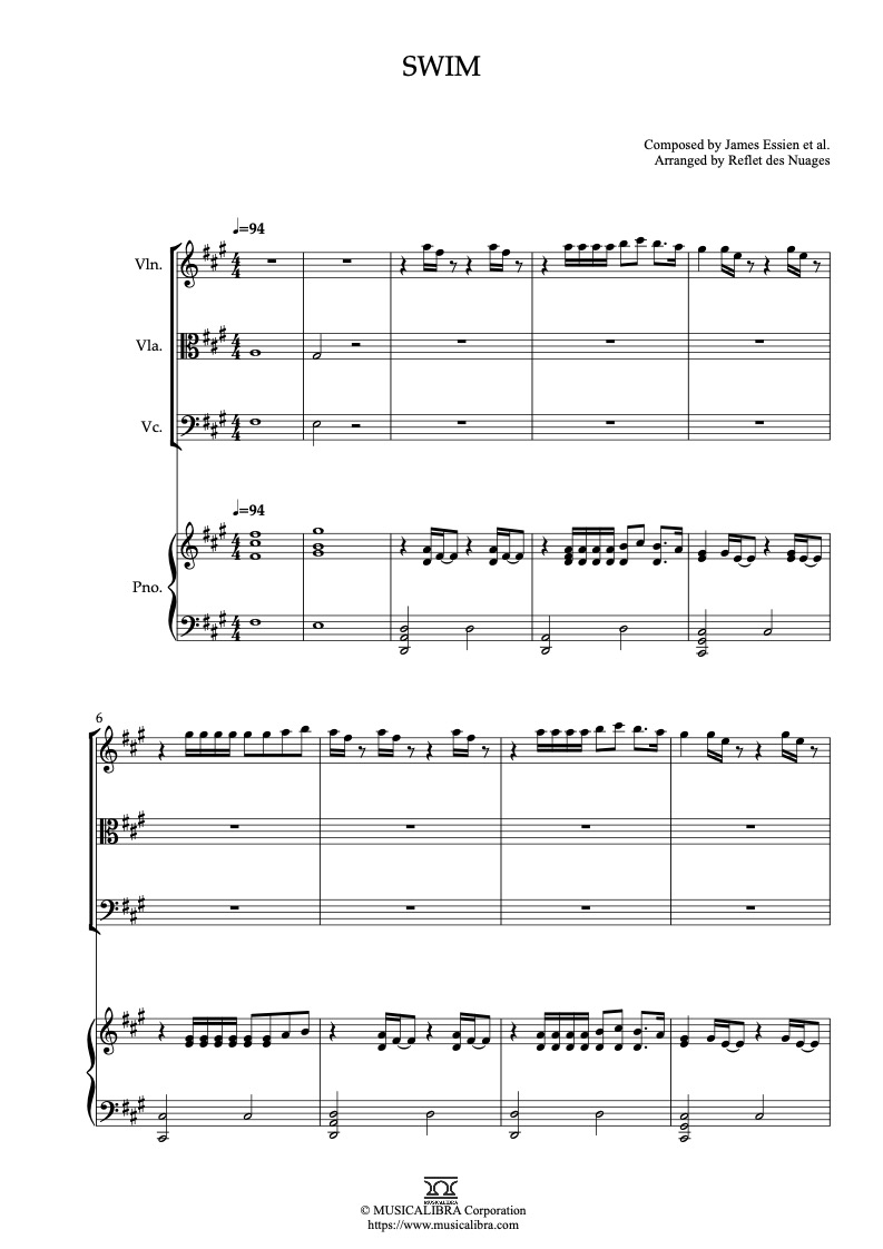 BTS SWIM 四重奏 樂譜 - 小提琴, 中提琴, 大提琴, 鋼琴