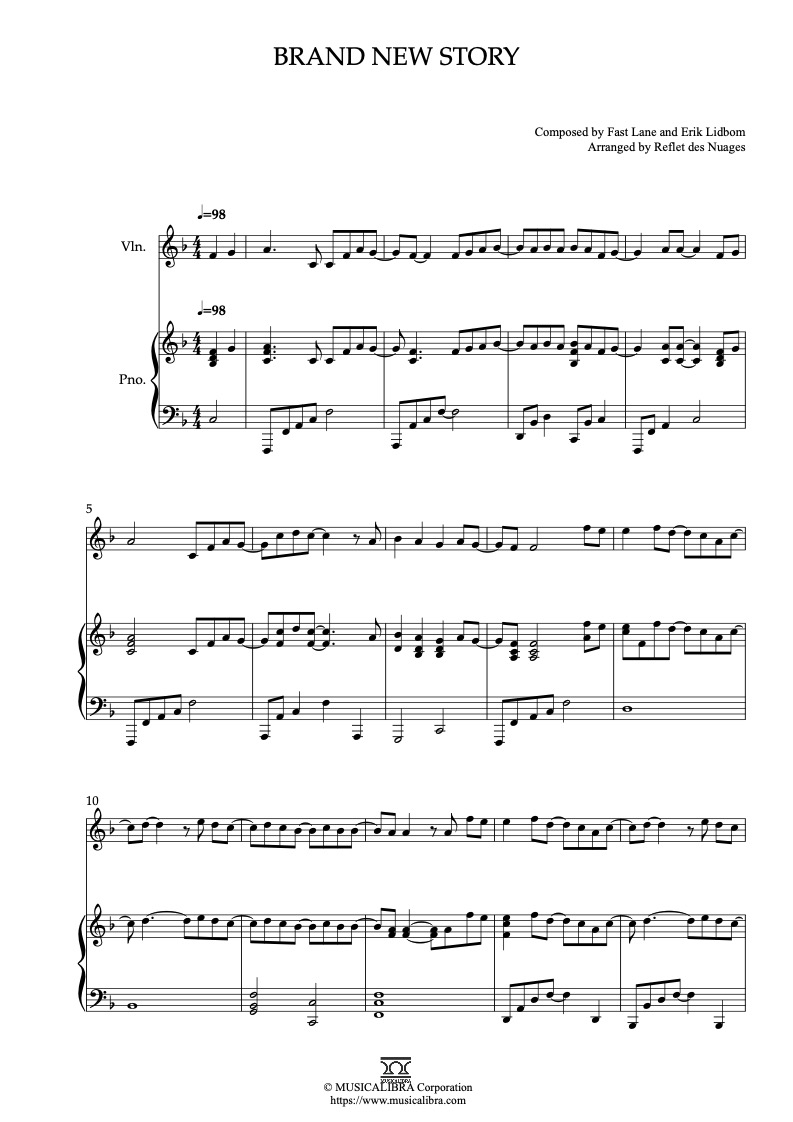 Partitura de Brand New Story arreglada para dueto de violín y piano