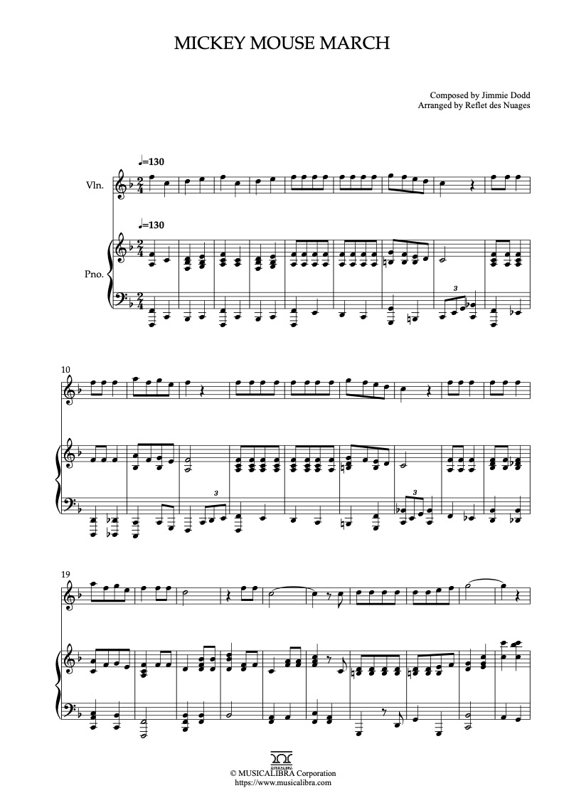 Mickey Mouse Club Mickey Mouse March 바이올린 피아노 듀엣 실내악 앙상블 편곡 악보