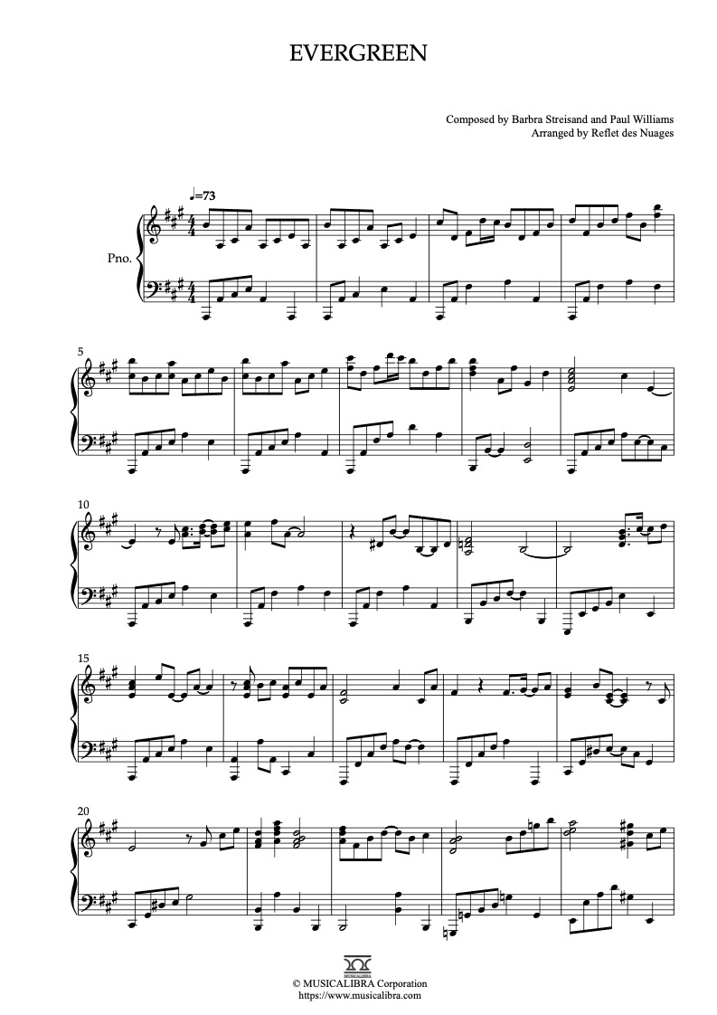 Sheet music of A Star Is Born Evergreen arranged for piano solo preview page 1
