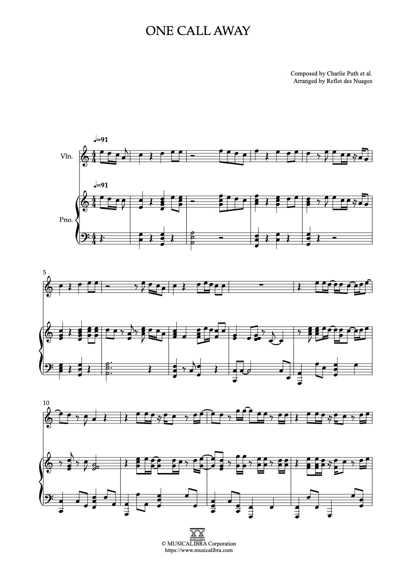 Partitura de Charlie Puth One Call Away arreglada para dueto de violín y piano