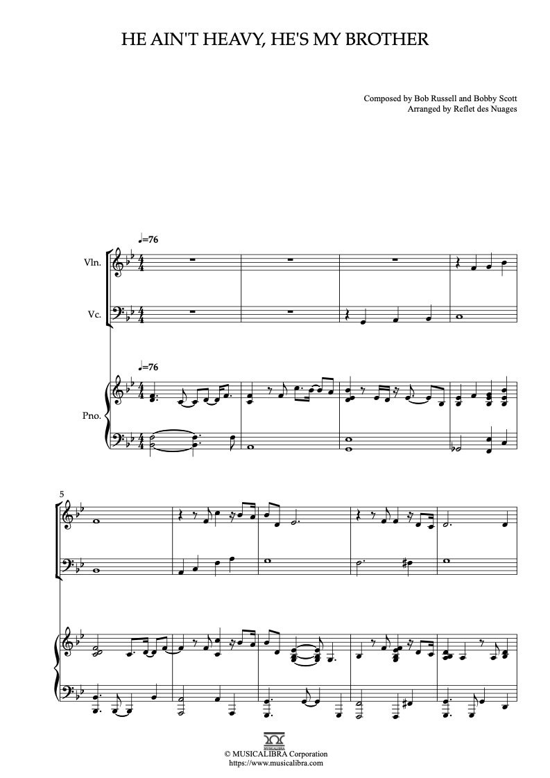 Sheet music of The Hollies He Ain't Heavy, He's My Brother arranged for violin, cello and piano trio chamber ensemble preview page 1