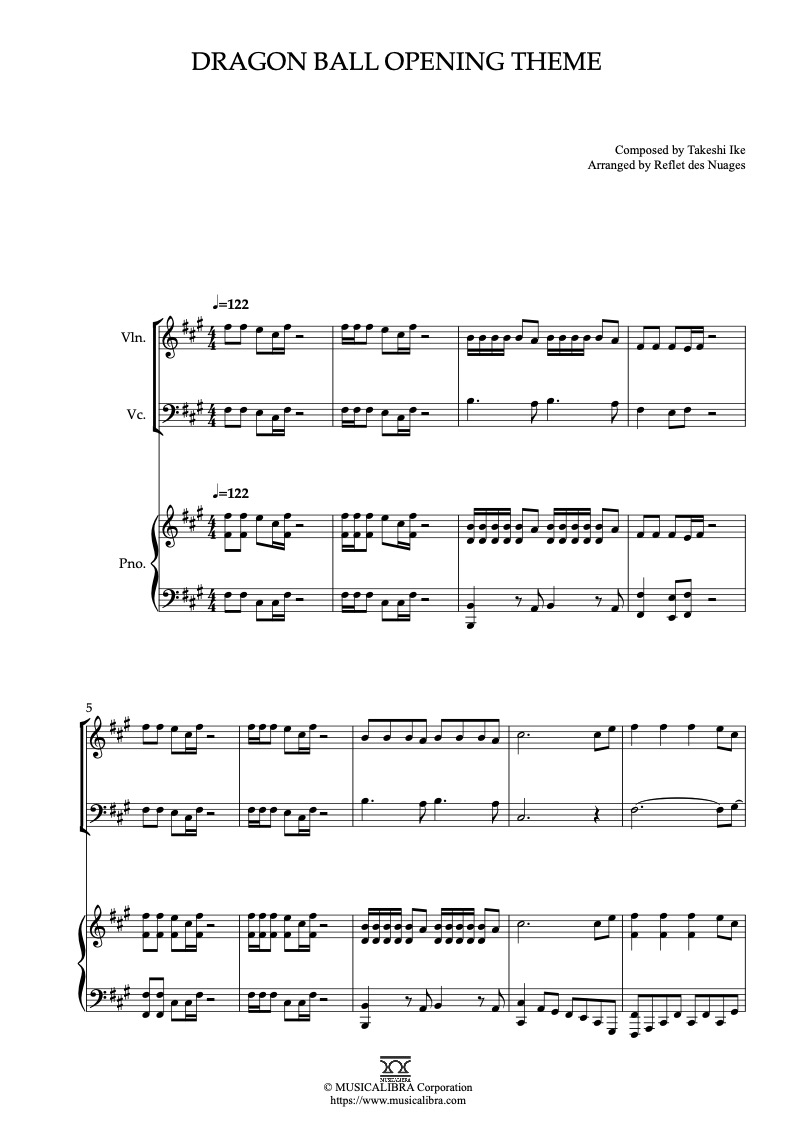 Partitura de Dragon Ball Opening Theme arreglada para trío de violín, violonchelo y piano